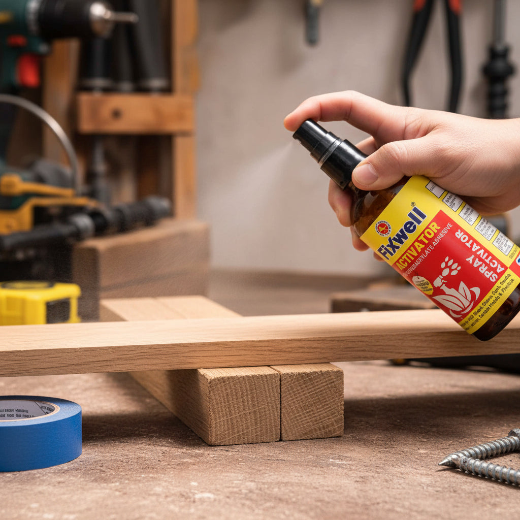 Fixwell activator spray bottle on a workshop table with tools and materials in the background