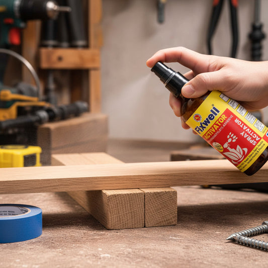 Fixwell activator spray bottle on a workshop table with tools and materials in the background